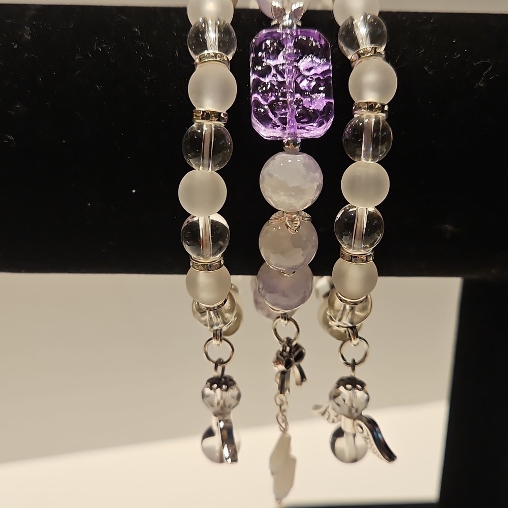 3 Lavender Tone, White & Clear Beads w/ Silvertone Accents Stretch Bracelets.